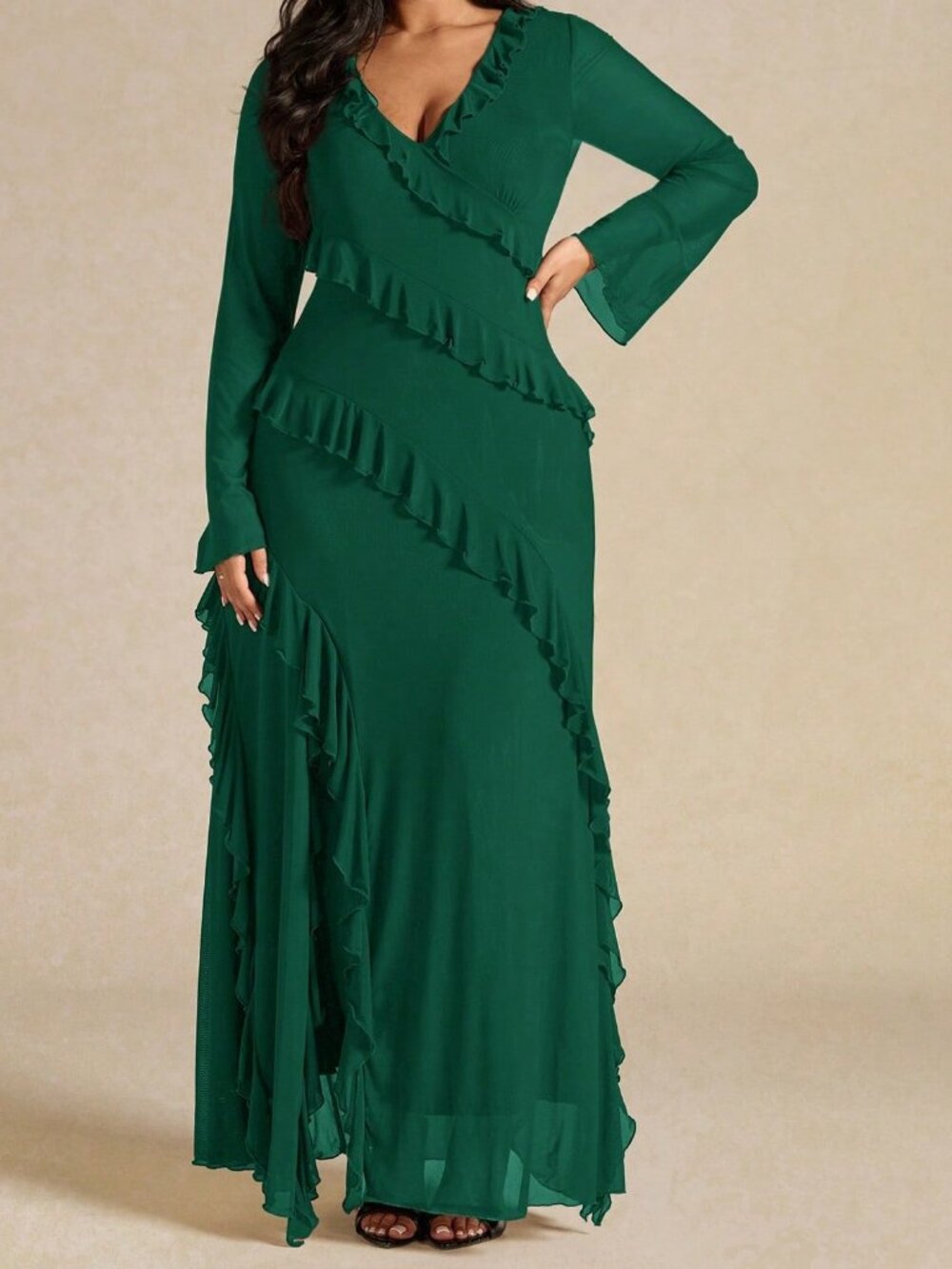 Dark Green Elegant Women's V-Neck Ruffle Hem Long Sleeve Maxi Dress - Picture 5 of 5